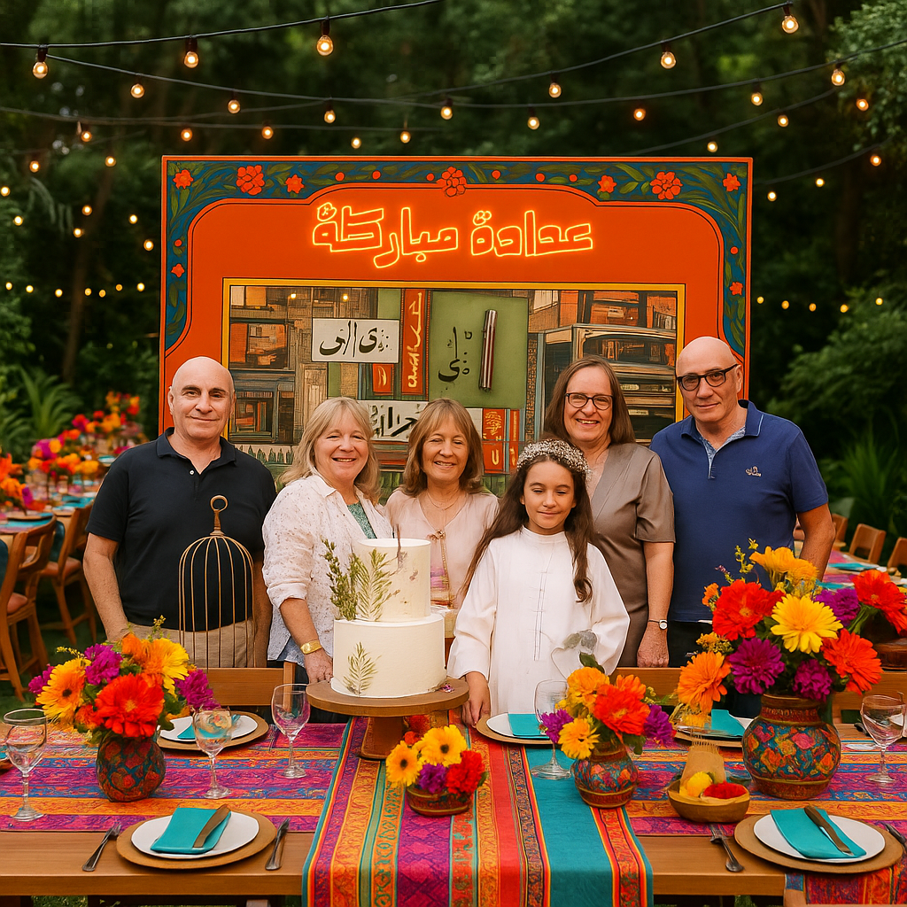 Put this setup with backdrop and people inside a garden event where tables look like this and the event is a fun baptism with a mexican lebanese vibe