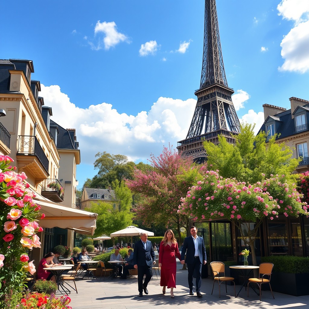 A picturesque view of France, showcasing the iconic Eiffel Tower in the background, with vibrant spring flowers blooming in a lively park