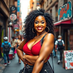 A vibrant and dynamic representation of a confident woman with curvy features, exuding self-assuredness in a lively city environment