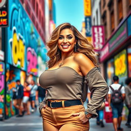 A vibrant and dynamic representation of a confident woman with curvy features, exuding self-assuredness in a lively city environment