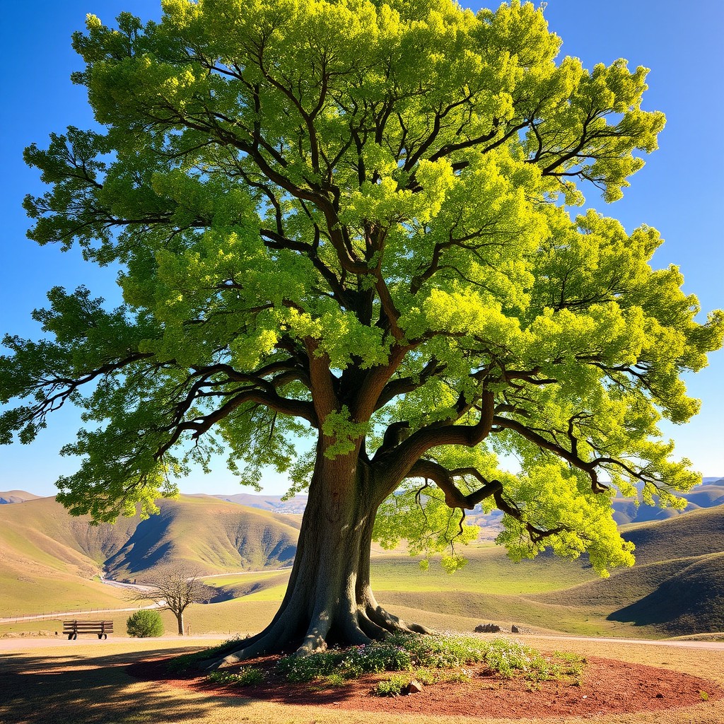 A majestic tree, with a thick trunk and sprawling branches, covered in vibrant green leaves