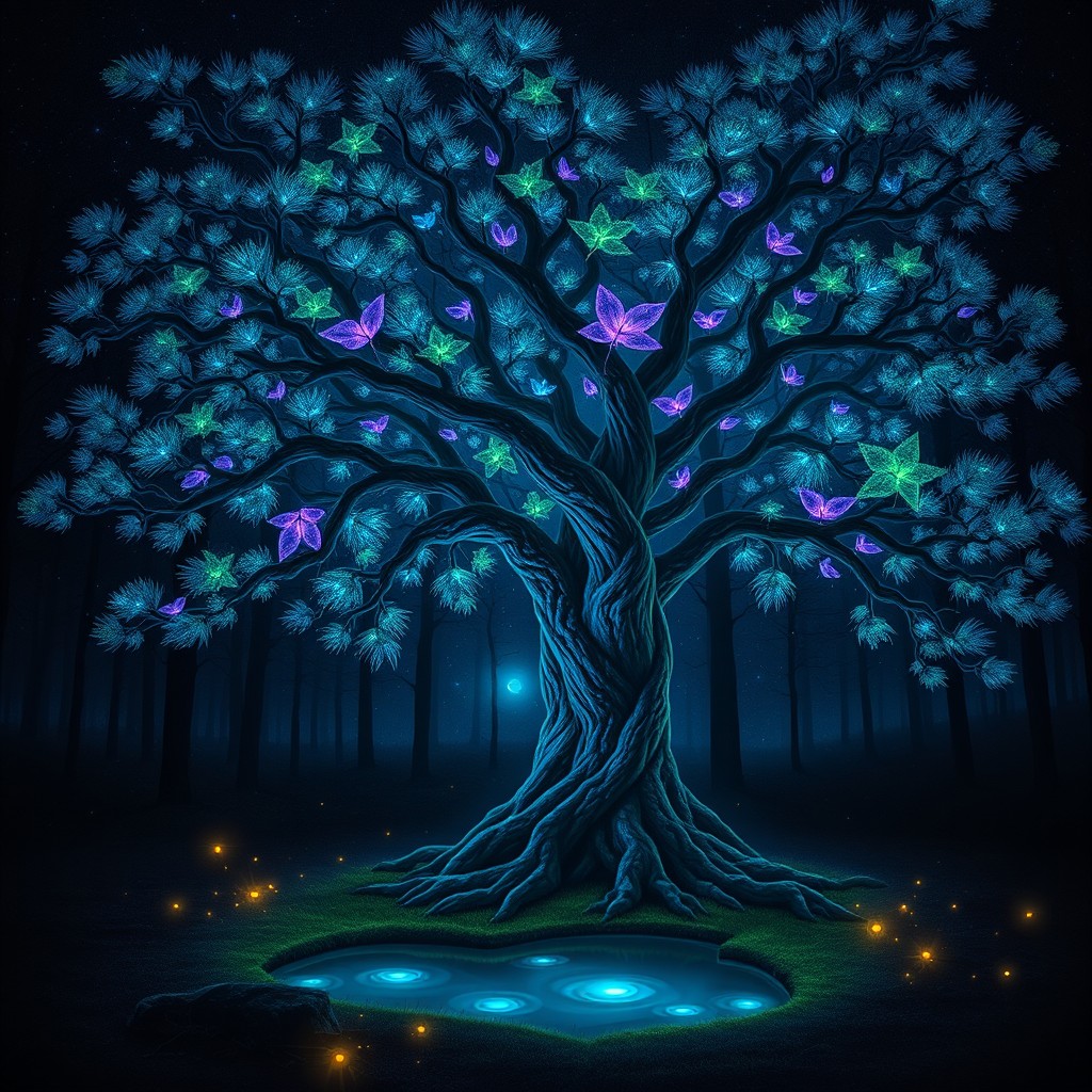 A mystical glowing tree in a dark forest, its branches illuminated with vibrant, luminescent leaves in shades of blue, purple, and green