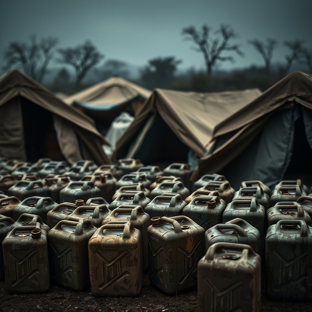 A poignant scene depicting numerous empty jerry cans lined up in front of tents, evoking feelings of sadness and pain