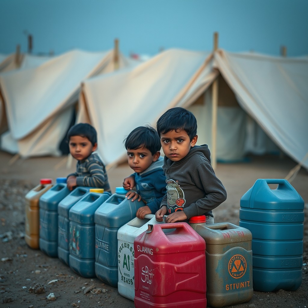 A moving scene of children lined up next to empty water jerry cans beside a displacement camp in Gaza