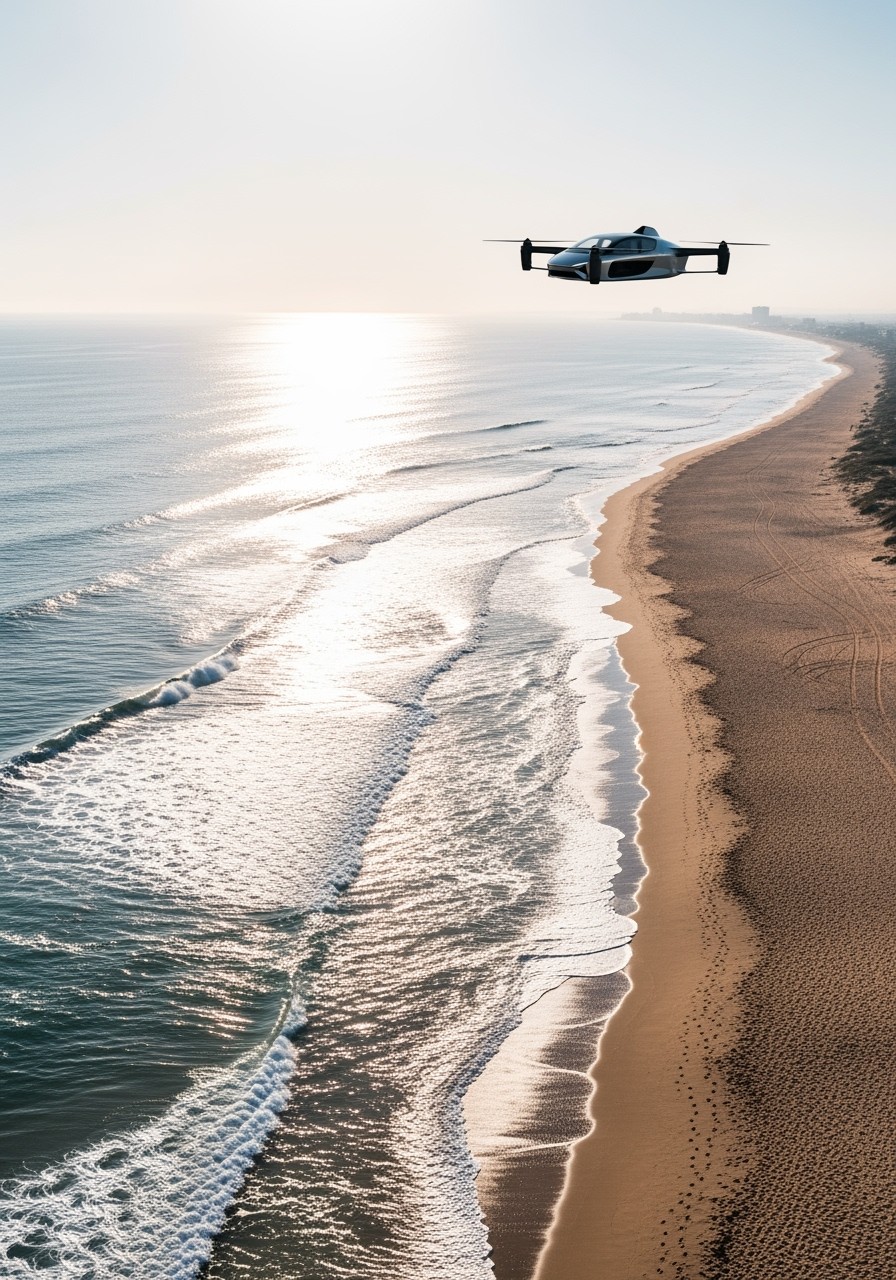 A stunning aerial photograph capturing the mesmerizing blend of the ocean meeting the sandy shore, with a flying car in the distance
