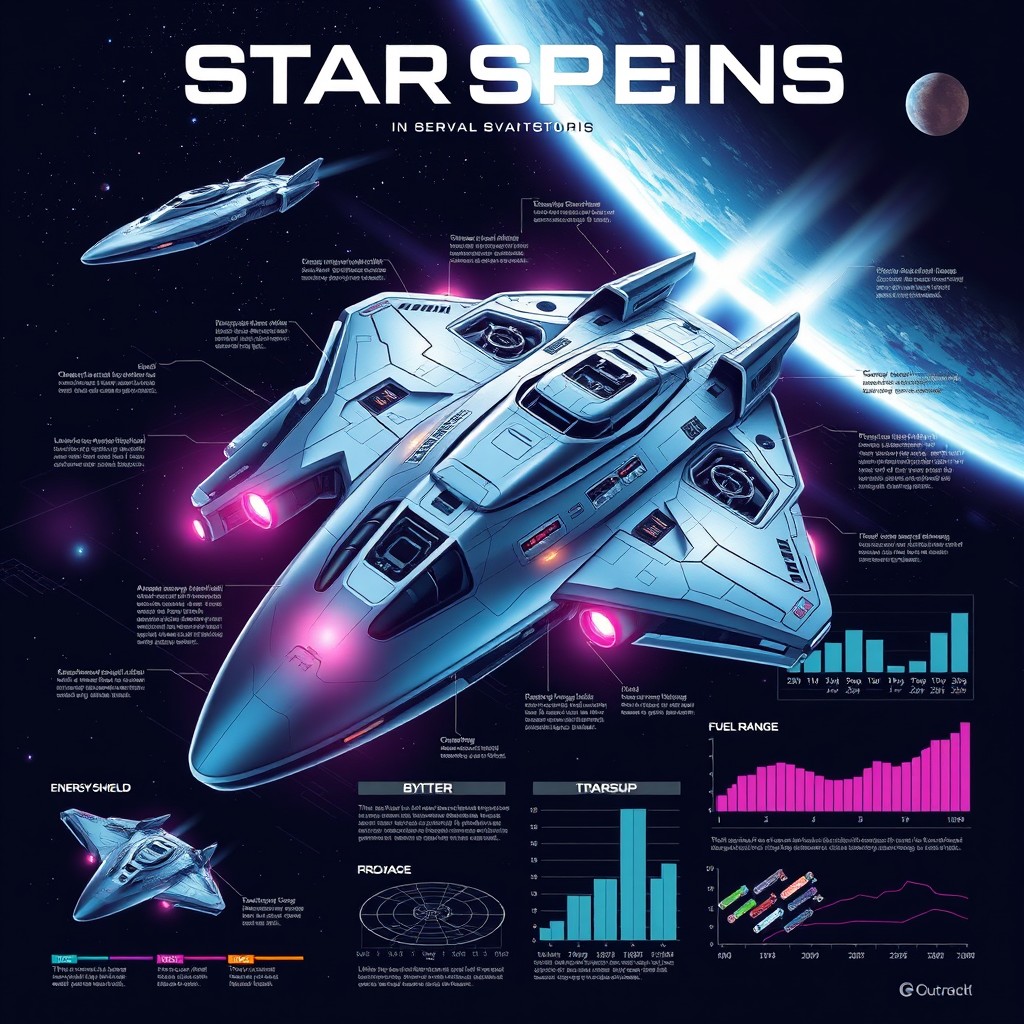 A highly detailed infographic poster featuring a futuristic spaceship
