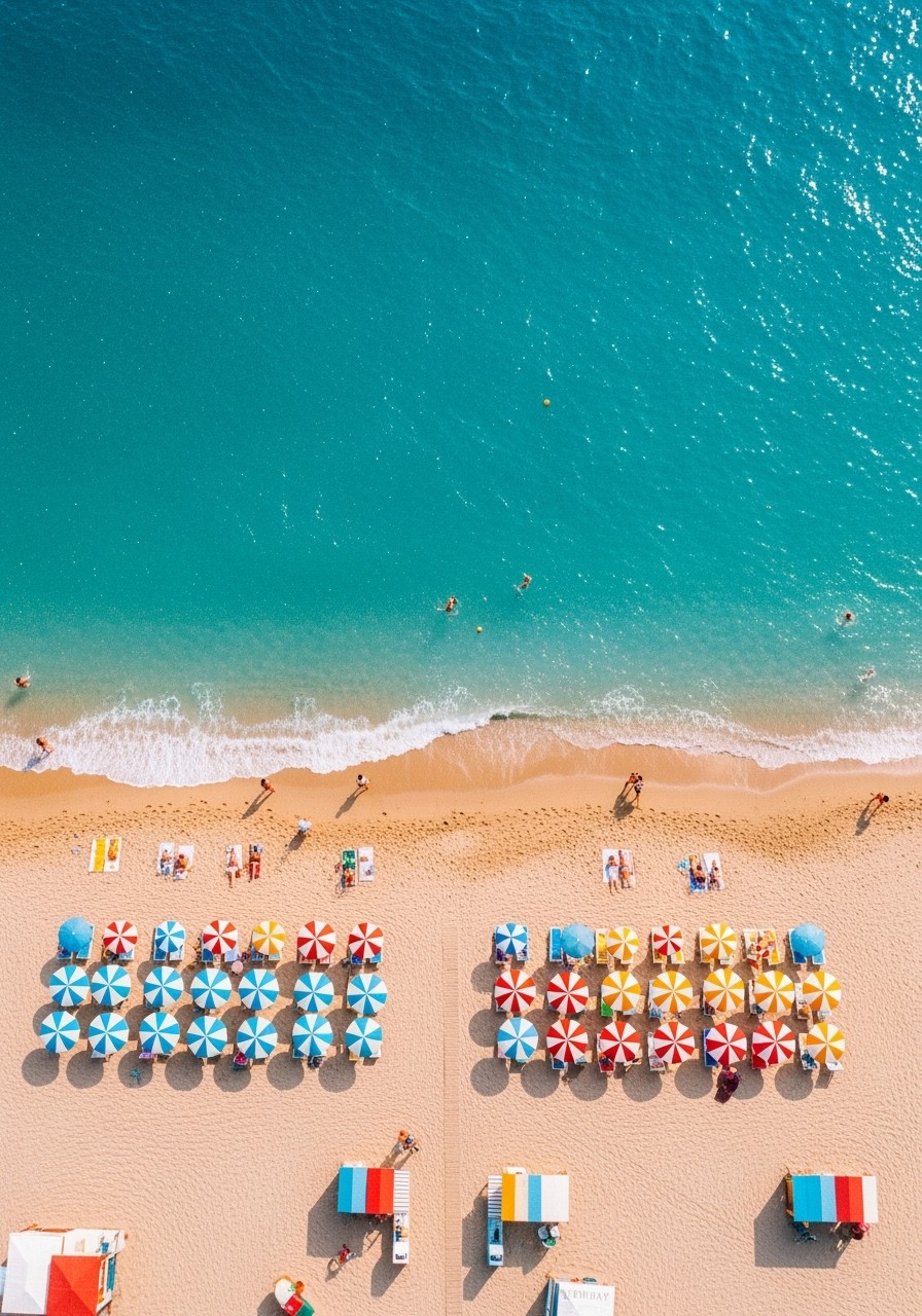 A stunning aerial view from a bird's eye perspective capturing the enchanting scene where the vibrant blue ocean meets the golden sandy beach