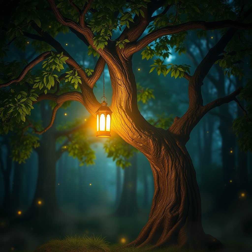 A mystical tree illuminated by a soft glow from a lantern hanging on one of its branches, set in a serene forest at twilight