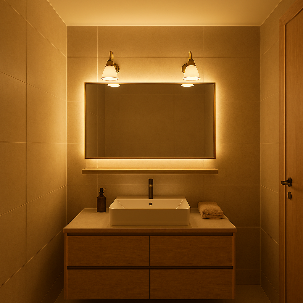 Add rectangular big mirror on top on the sink bigger than sink 20cm from each side with wooden shelf  right under the mirror, do not keep space between mirror and shelf, fancy elegant lights on top of mirror, and LED lights behind the mirror, warm cozy lighting. Don’t change drawers size