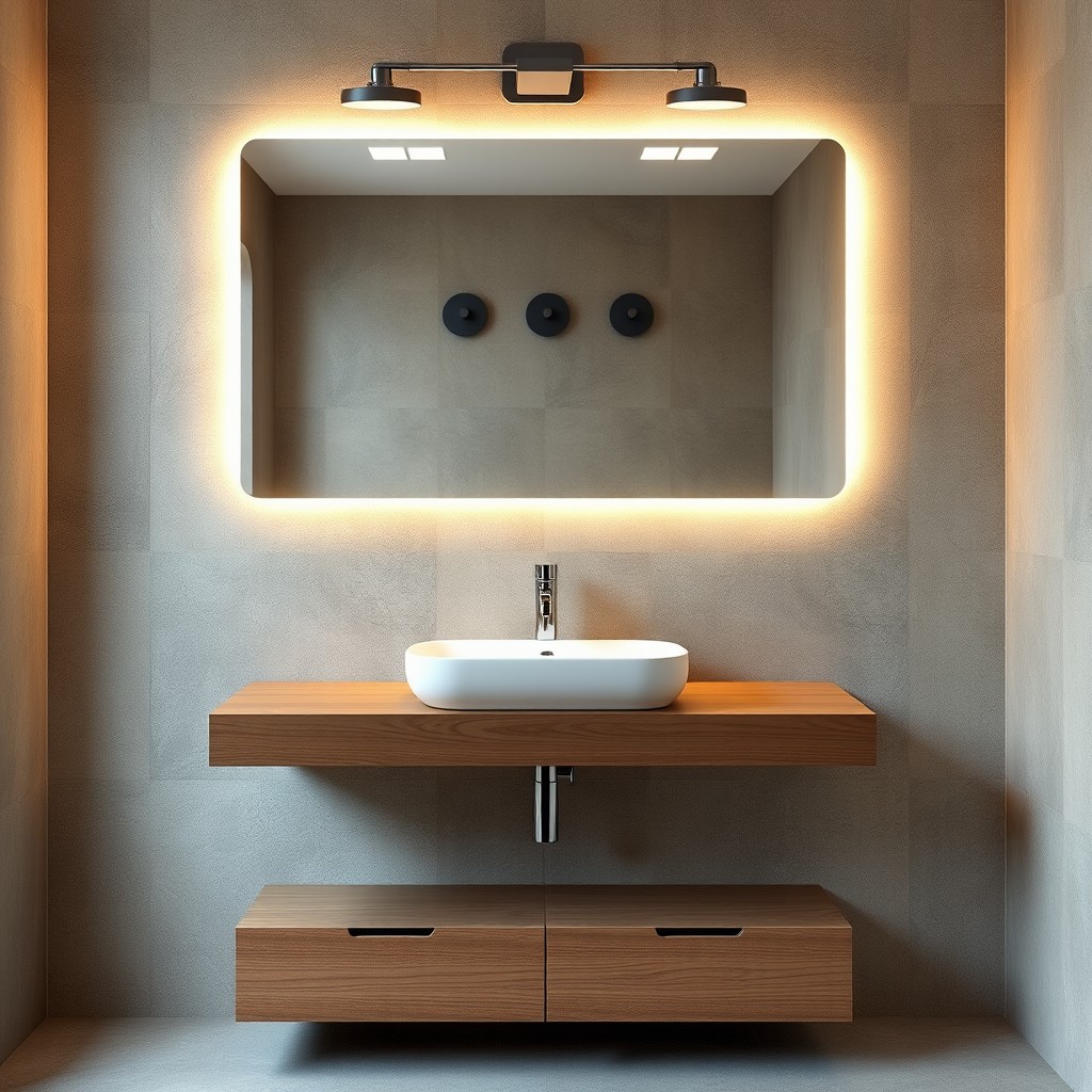 Design a sophisticated bathroom featuring stone-colored walls and an 80 cm sink