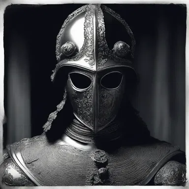 In the dimly lit room, a figure emerged wearing a morion, its hollow eyes staring into the depths of your soul.