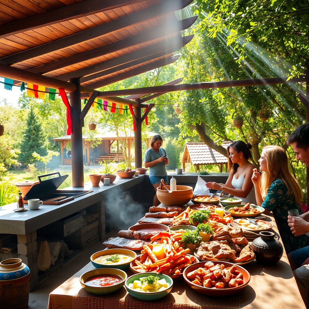A vibrant and lively traditional Argentinian quincho, showcasing a rustic outdoor BBQ area surrounded by greenery