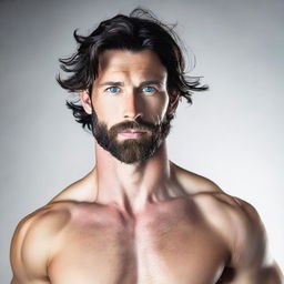 An attractive, tall and muscular man with dark blue eyes, pale skin, wavy black hair and a short beard, presenting a striking and hot appearance.