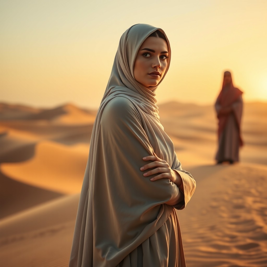 A beautiful woman in a hijab set against a stunning desert backdrop, reminiscent of historical figures, showcasing her grace and poise