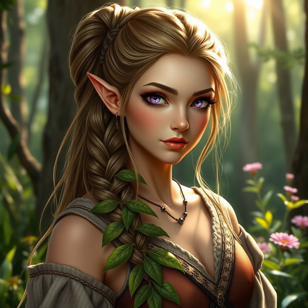 A majestic wood elf with a long, elegant ponytail braid cascading down her back, featuring rich green leaves woven into the braid