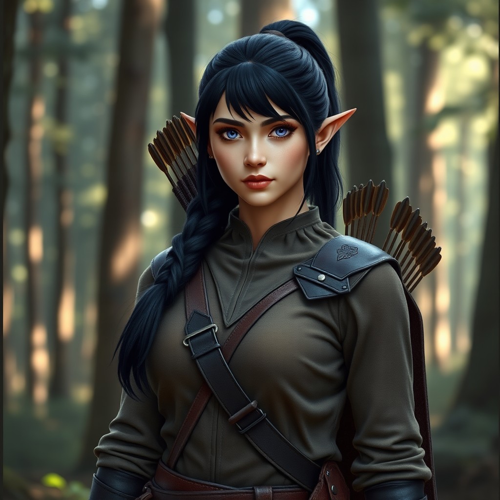 An elf ranger standing confidently in a tranquil forest, characterized by sleek black hair styled in a ponytail with an intricate braid