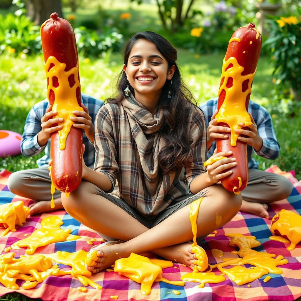 A vibrant and humorous scene featuring a young Pakistani woman, 18 years old, sitting criss-cross on a colorful picnic blanket