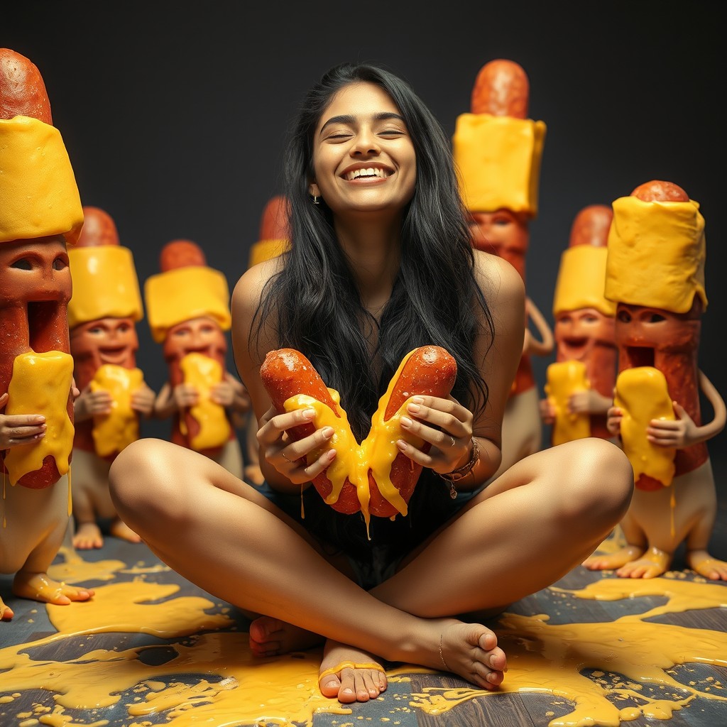 A hot Pakistani young woman, 18 years old, sitting criss-cross with a bright smile, her eyes closed in joy