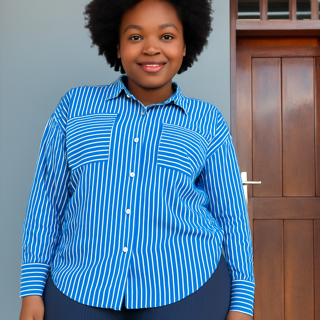A portrait of a confident woman wearing a blue and white striped shirt and black fitted pants