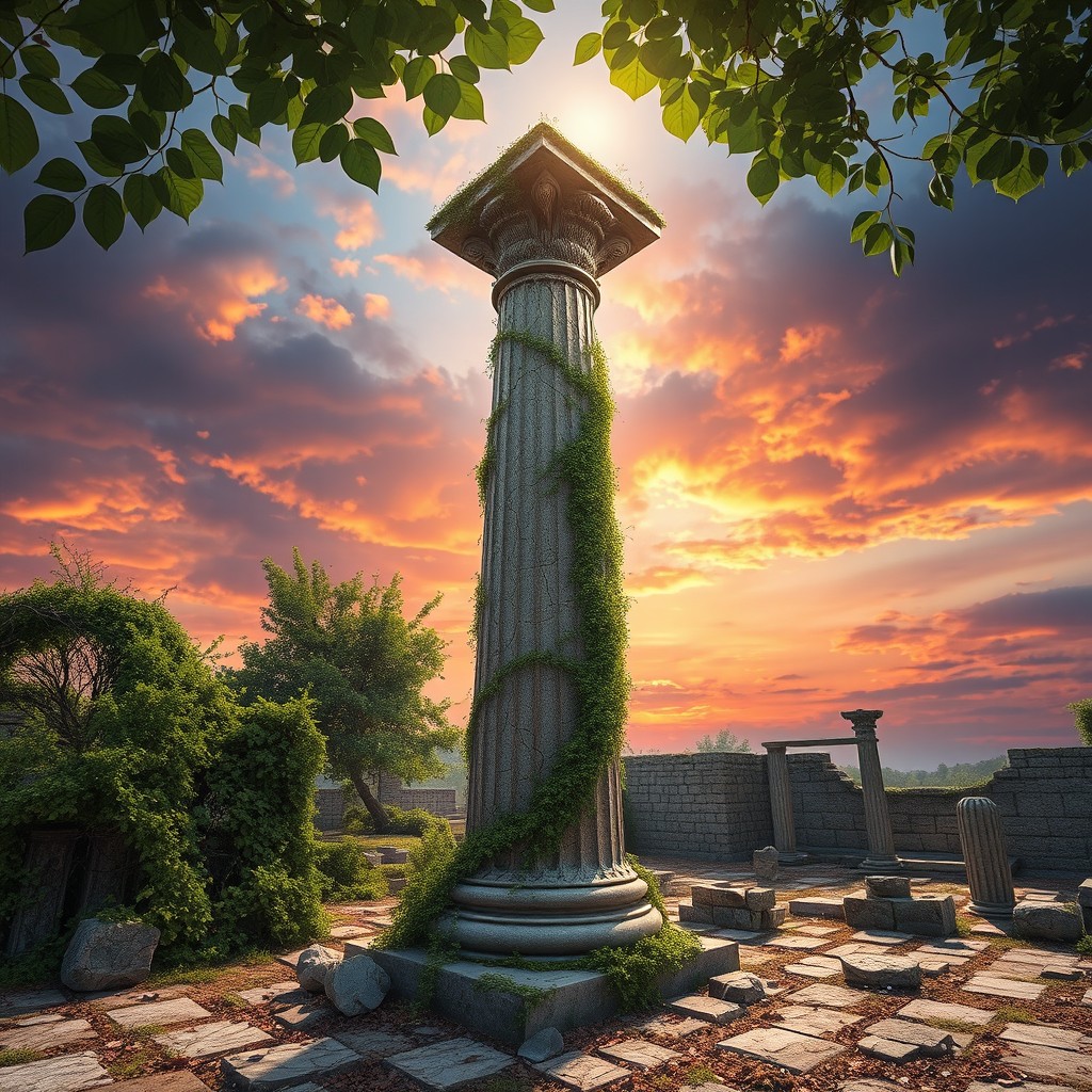 A stunning depiction of a corrupted Roman column, showcasing intricate details of weathered marble with cracks and erosion