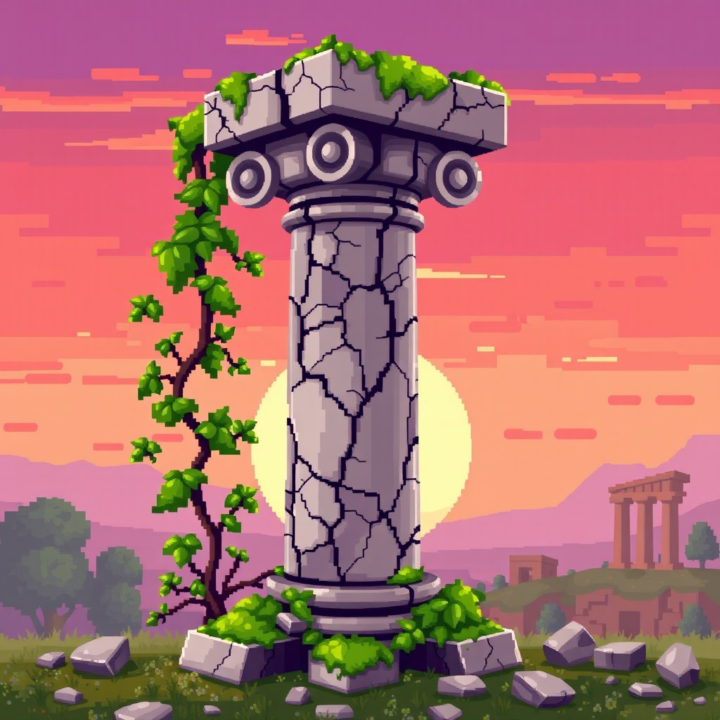 A charming pixel art representation of a corrupted Roman column, featuring a pixelated design with visible cracks and weathering effects on the marble texture