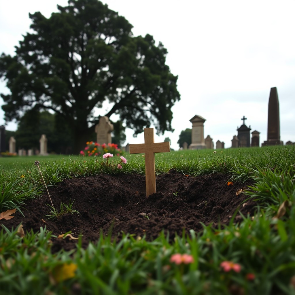 A fresh grave in a serene cemetery, with freshly turned soil and a simple wooden cross marking the spot