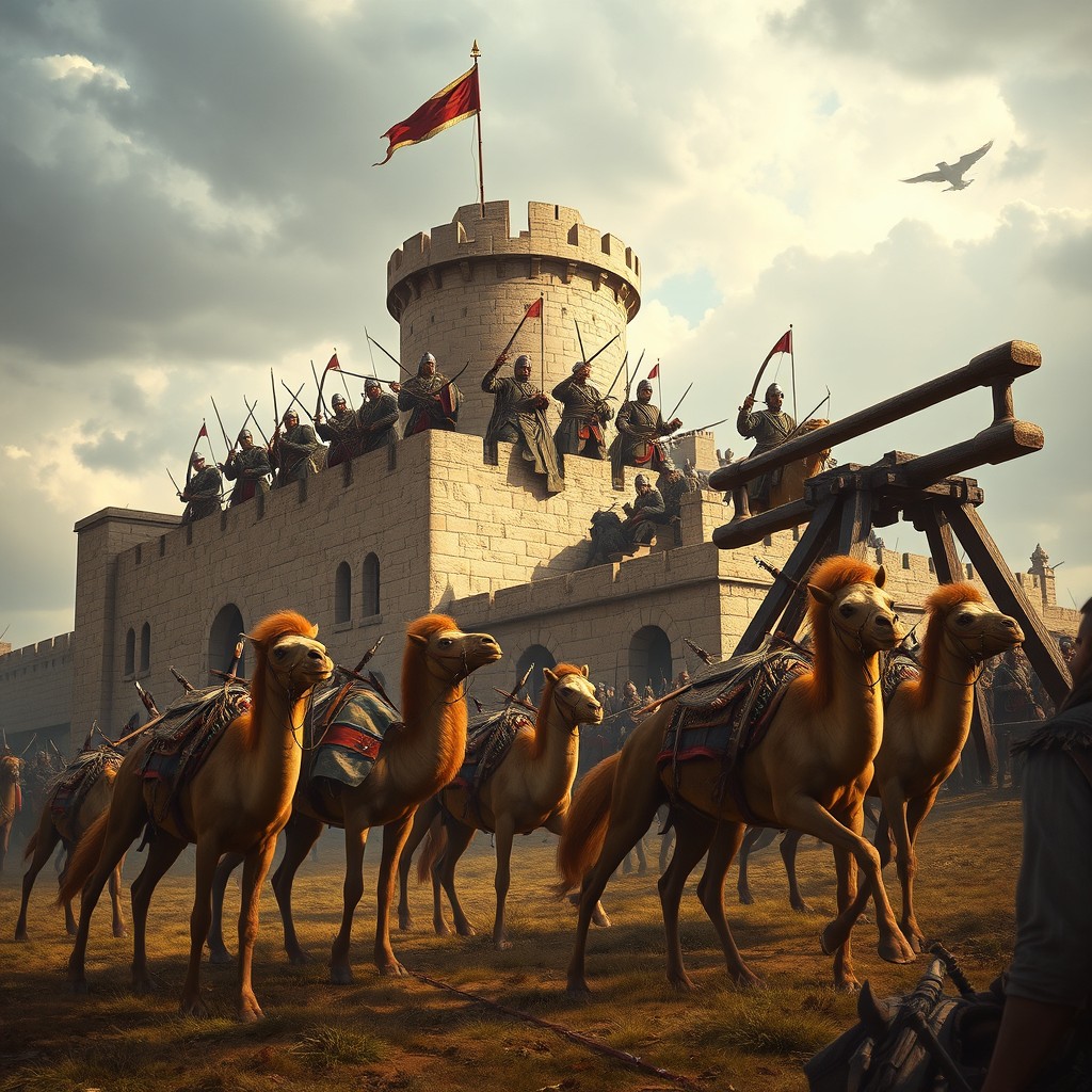 A dramatic scene featuring a well-armed army equipped with bows and swords, mounted on horseback, poised at the top of a stronghold