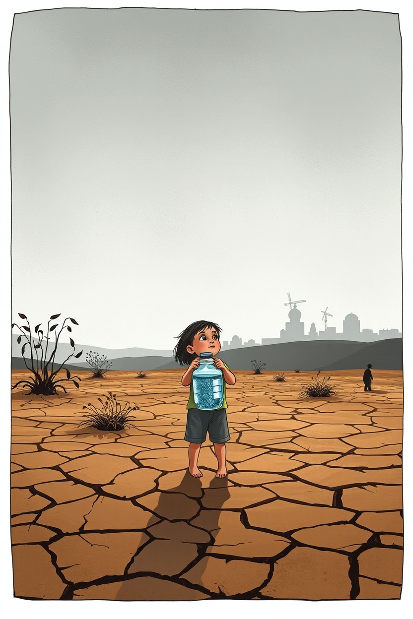 A poignant illustration capturing the essence of life in Gaza, where water has become a mere dream