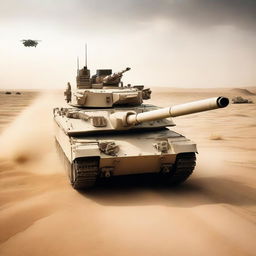 A military tank speeding through vast, sandy desert with dozens of missiles soaring into the sky, giving a vibe of intense atmosphere