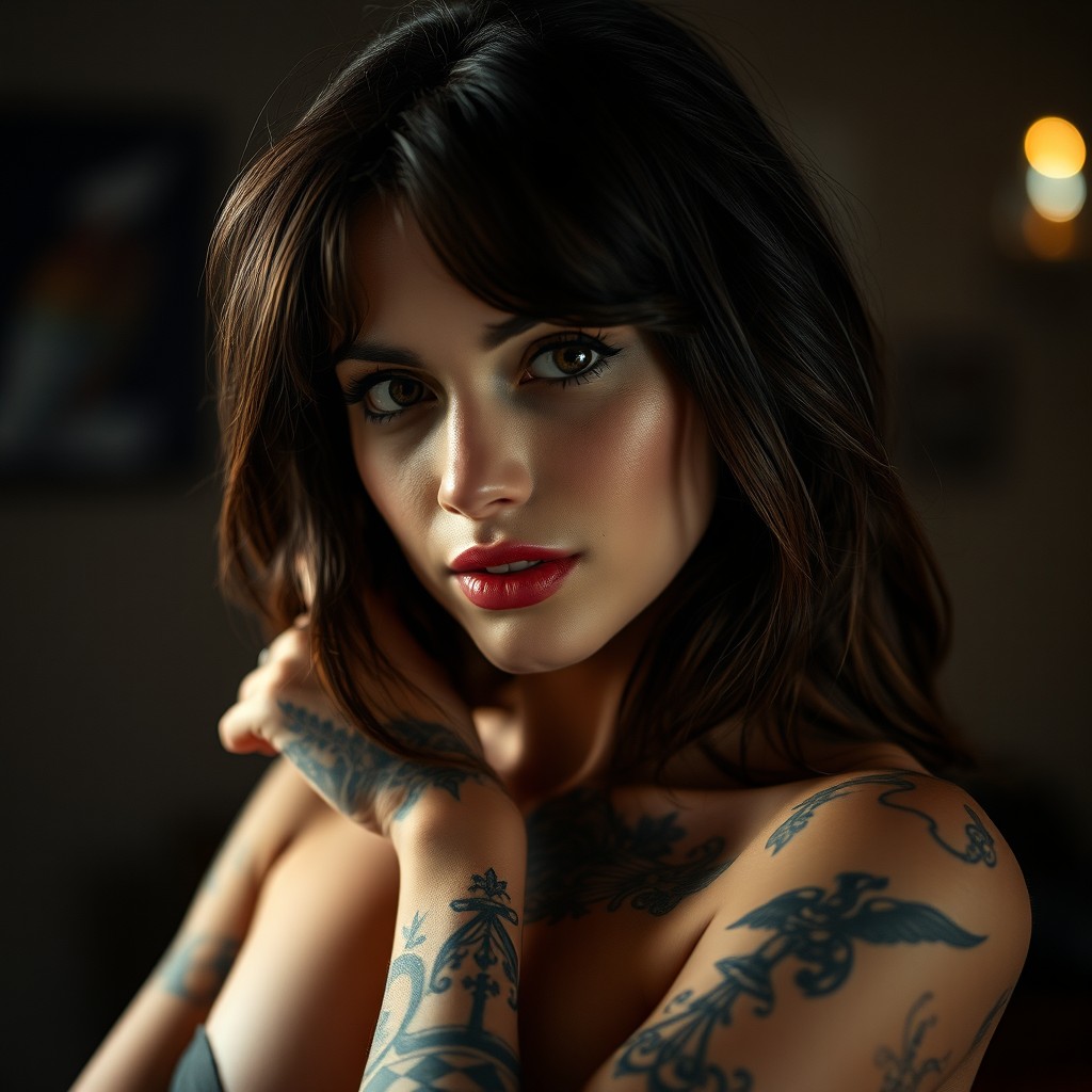 A beautiful brunette woman with an alluring appearance, showing off her intricate tattoos on her skin, confidently posed in a soft, enchanting light
