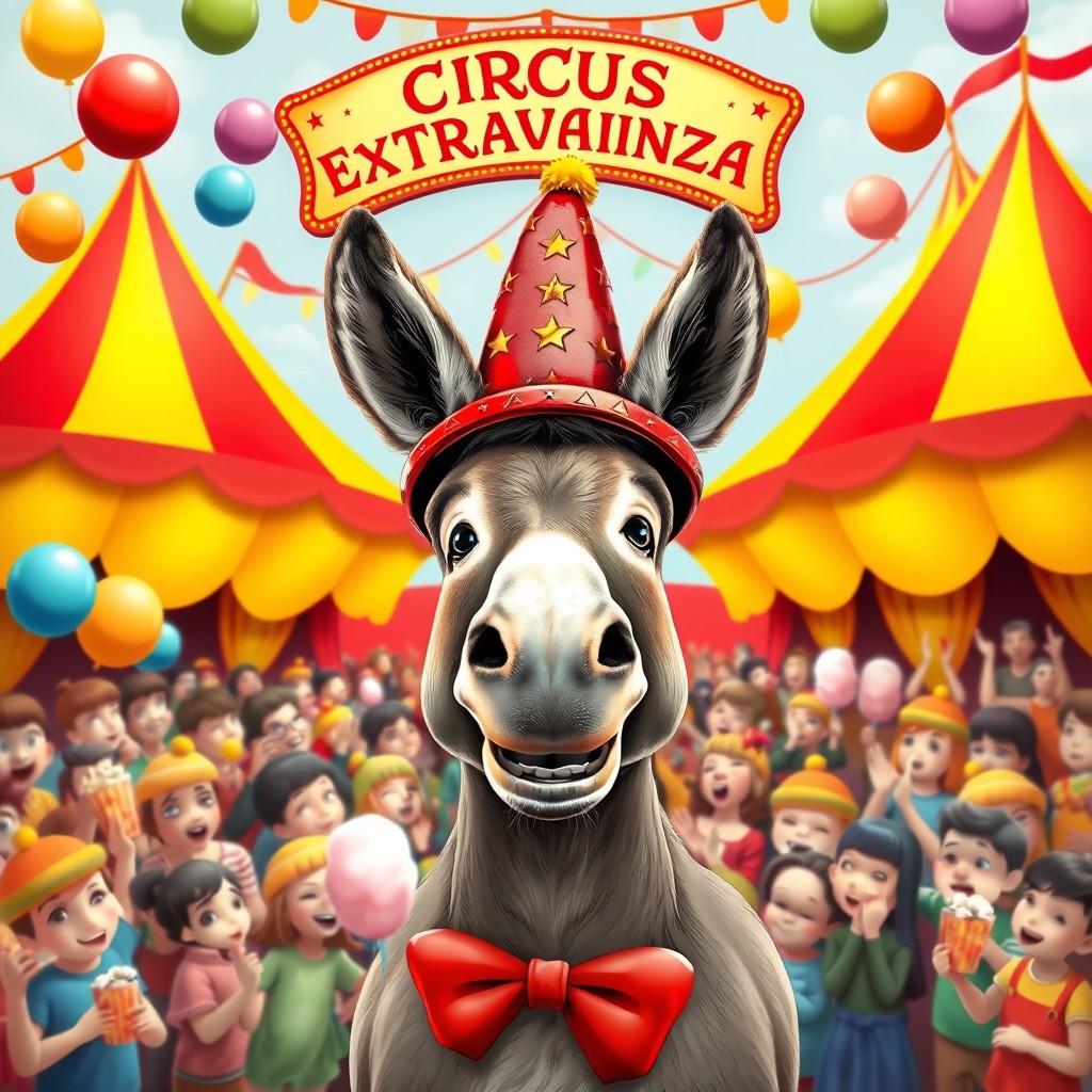 A whimsical circus scene featuring a cheerful donkey as the main attraction