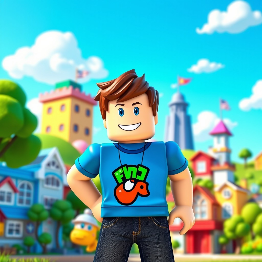 A vibrant scene featuring a Roblox character styled as a young male avatar
