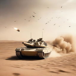 A military tank speeding through vast, sandy desert with dozens of missiles soaring into the sky, giving a vibe of intense atmosphere