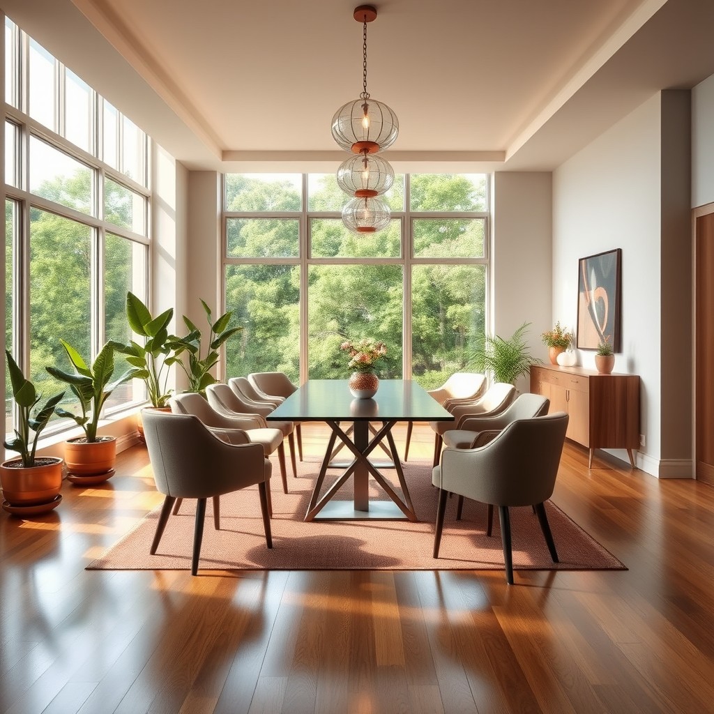 A spacious and stylish ding room measuring 4 x 6 meters, elegantly furnished with a modern dining table at the center, surrounded by comfortable chairs