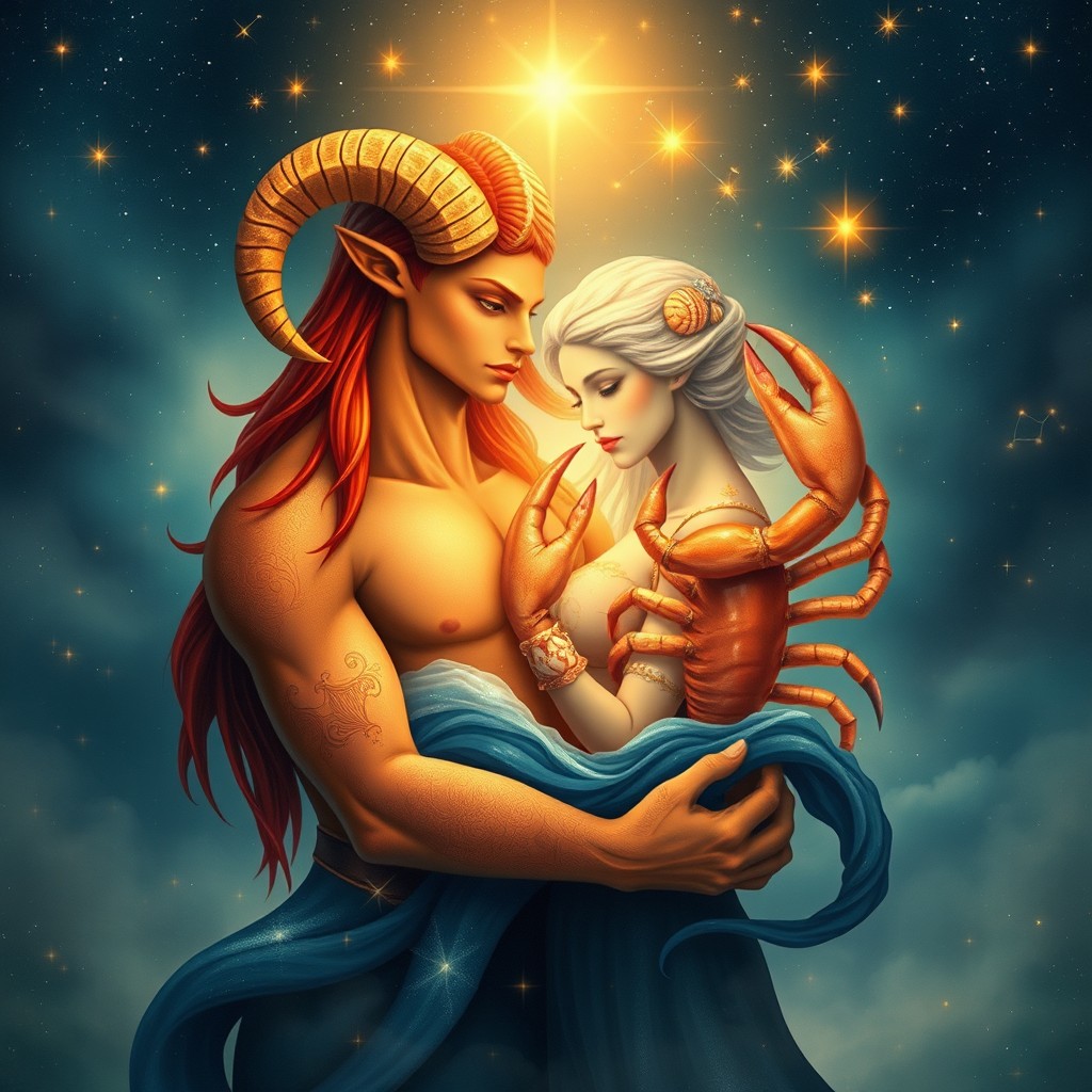 A captivating representation of the zodiac signs Aries and Cancer, intertwined in a harmonious and celestial setting