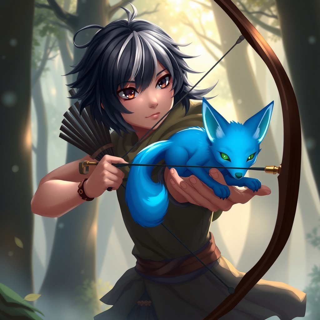 A character with dark hair featuring albino highlights, one dark eye and one golden eye, with a light tan complexion