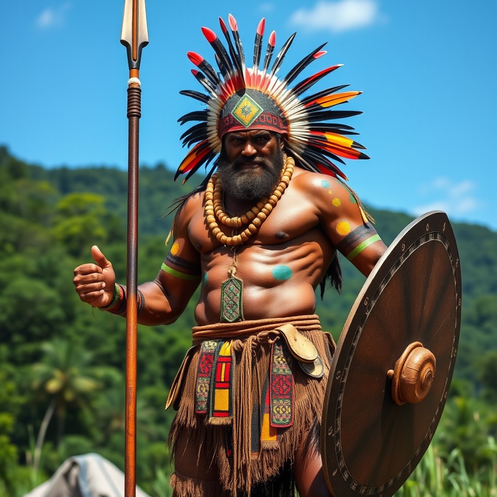 A fierce warrior from Papua New Guinea, adorned in traditional tribal attire featuring vibrant patterns and bright colors
