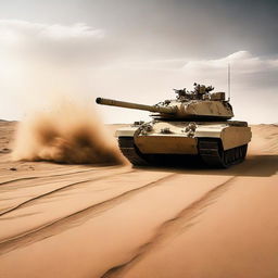 A military tank speeding through vast, sandy desert with dozens of missiles soaring into the sky, giving a vibe of intense atmosphere