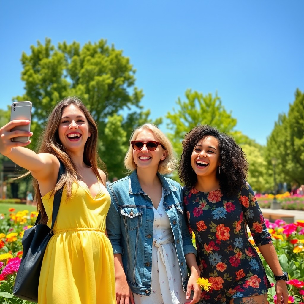 A group of three stylish young women enjoying a sunny day in a vibrant urban park
