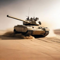 A military tank speeding through vast, sandy desert with dozens of missiles soaring into the sky, giving a vibe of intense atmosphere