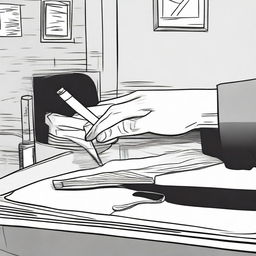 A detailed comic panel illustrating a hand reaching out to grab a pen from a table.