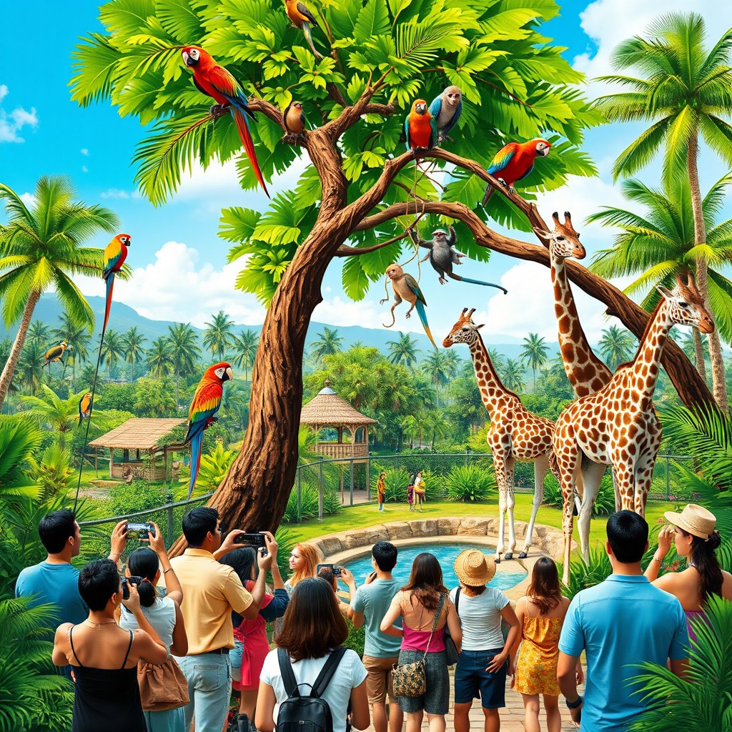 A vibrant and lively tropical zoo scene, showcasing a variety of exotic animals in their habitats