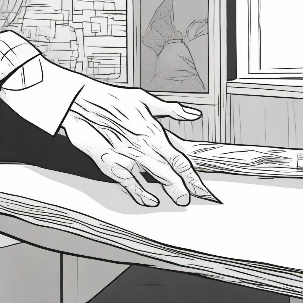 A detailed comic panel illustrating a hand reaching out to grab a pen from a table.