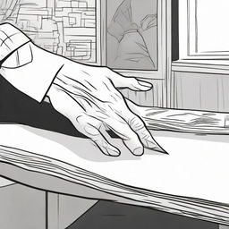 A detailed comic panel illustrating a hand reaching out to grab a pen from a table.