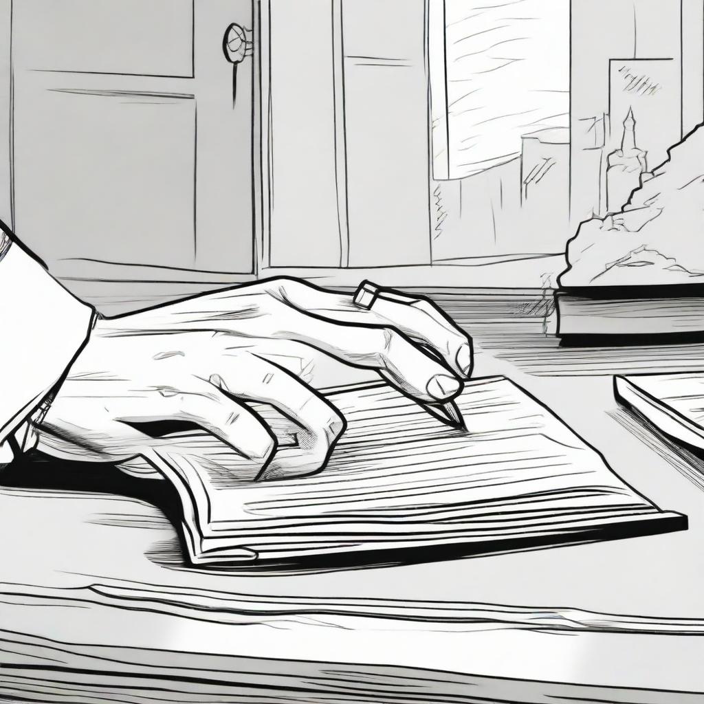 A detailed comic panel illustrating a hand reaching out to grab a pen from a table.