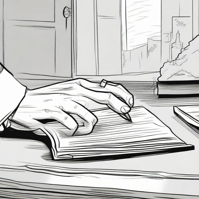 A detailed comic panel illustrating a hand reaching out to grab a pen from a table.