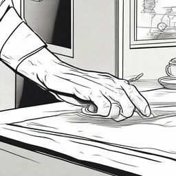 A detailed comic panel illustrating a hand reaching out to grab a pen from a table.