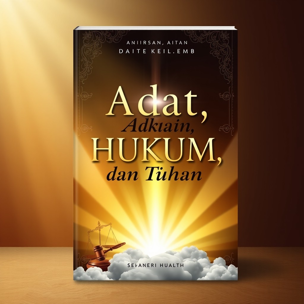 A book cover design for a title 'Adat, Hukum, dan Tuhan', featuring a harmonious blend of traditional cultural elements, legal symbols like a gavel and scales of justice, and spiritual motifs that represent divinity, such as light beams or clouds