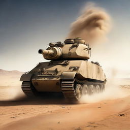 A colossal tank thundering across the arid desert landscape, its heavy treads kicking up sand plumes. Its roaring engine echoing through the vast, empty desert