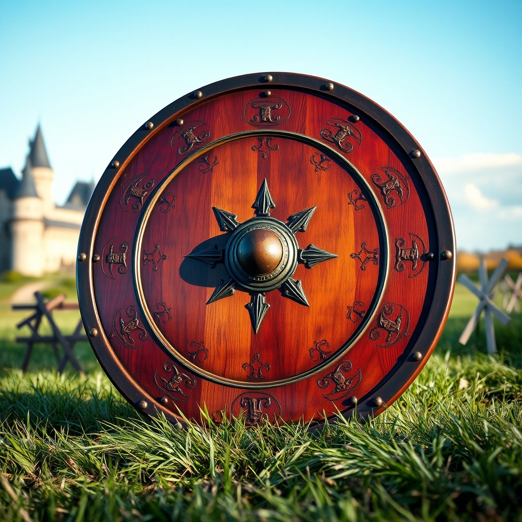 A beautifully crafted medieval shield, adorned with intricate designs and symbols
